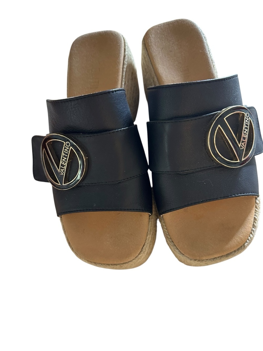 Valentino Black Leather Slide espadrille Sandals with Gold Logo Medallions sz 7